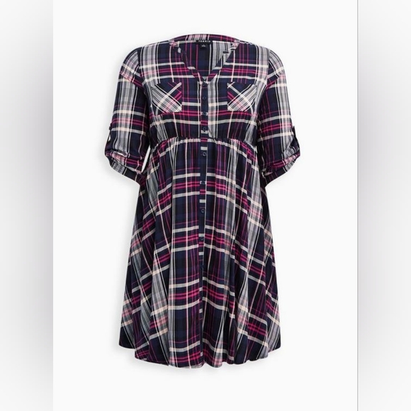 Torrid Plaid Mini Challis Button-Front Shirt Dress Size 2 - Picture 5 of 9